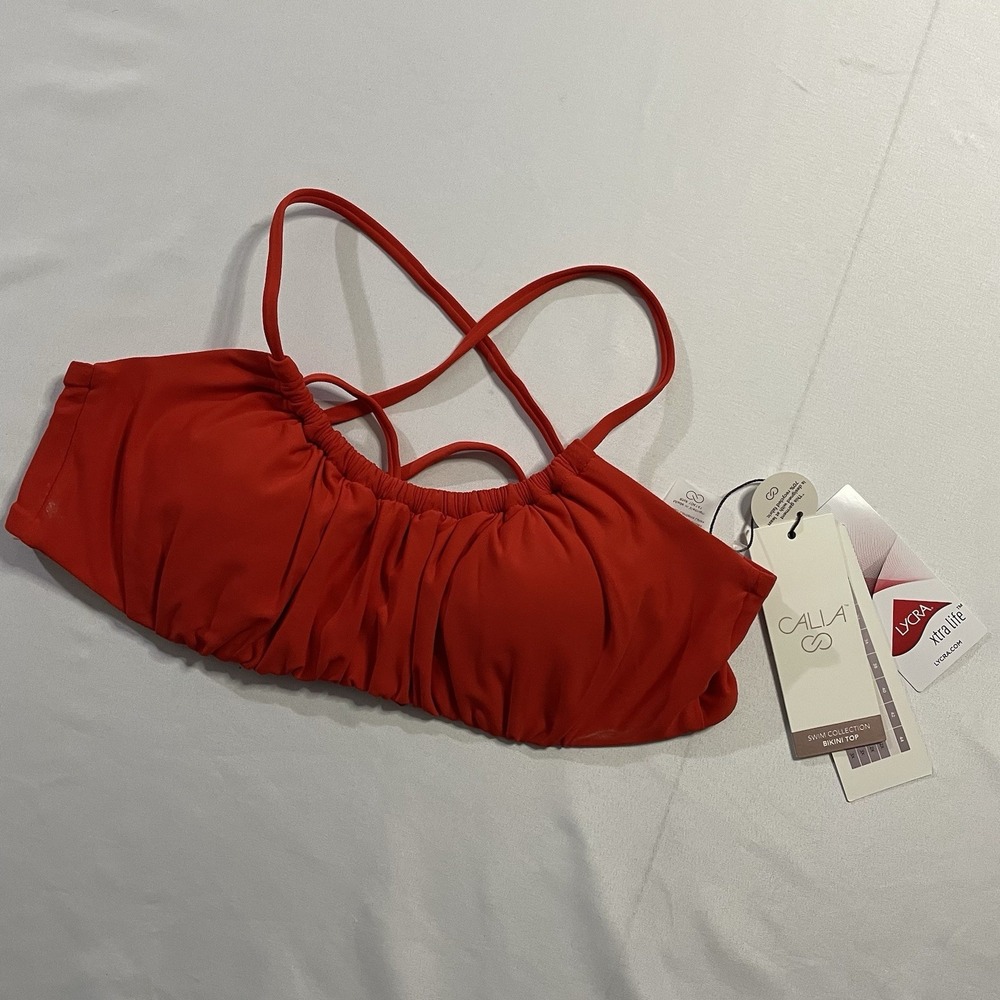 CALIA Scrunched Tie Back Bikini Top Fresh Red Size Small UPF 50+ NWT